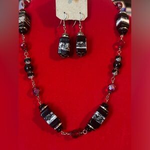 Striking Black, White & Red Beaded Necklace & Earrings set